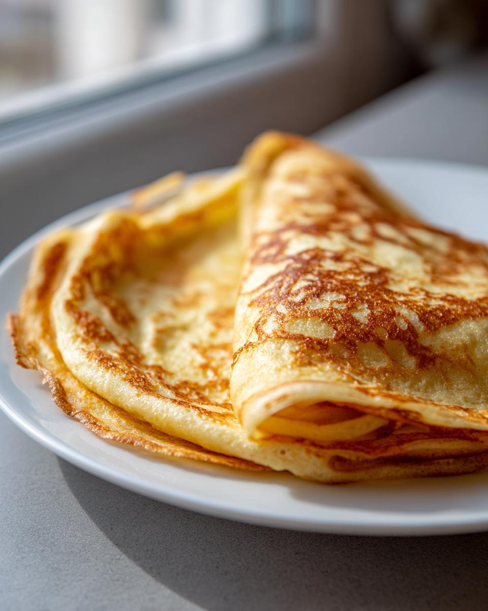 Close-up of a golden-brown, folded cottage cheese wrap resting on a white plate near a window.