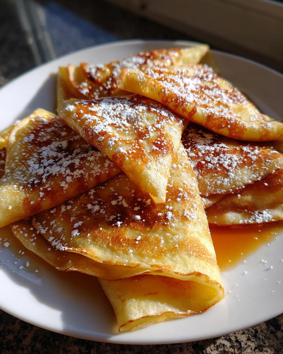 A stack of folded Crepes Suzette, lightly browned and generously dusted with powdered sugar, sitting in syrup on a white plate.