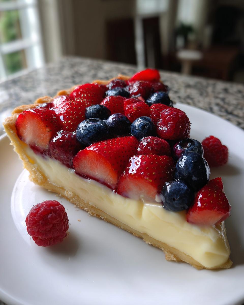 A close-up of a slice of Fresh fruit tart featuring strawberries, blueberries, and raspberries over pastry cream.
