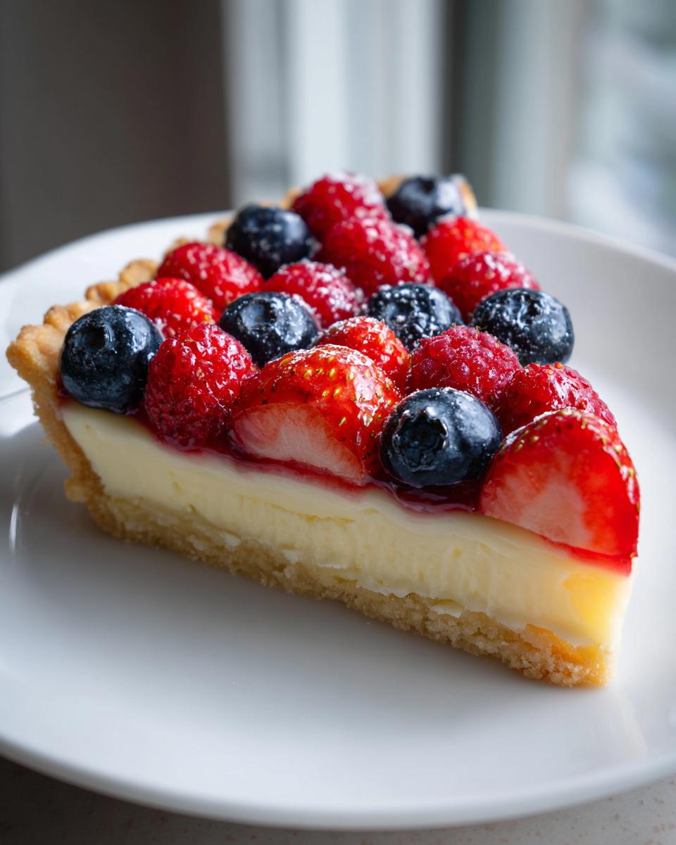 A close-up slice of a fresh fruit tart showing a creamy filling, buttery crust, and topping of strawberries, raspberries, and blueberries.