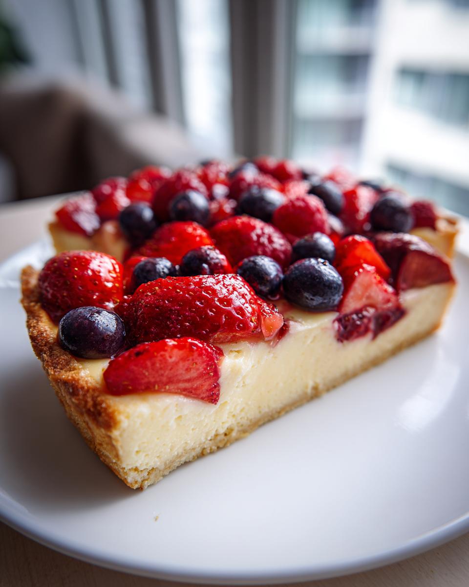 A close-up slice of a decadent Fresh fruit tart topped with glossy strawberries and blueberries on a white plate.