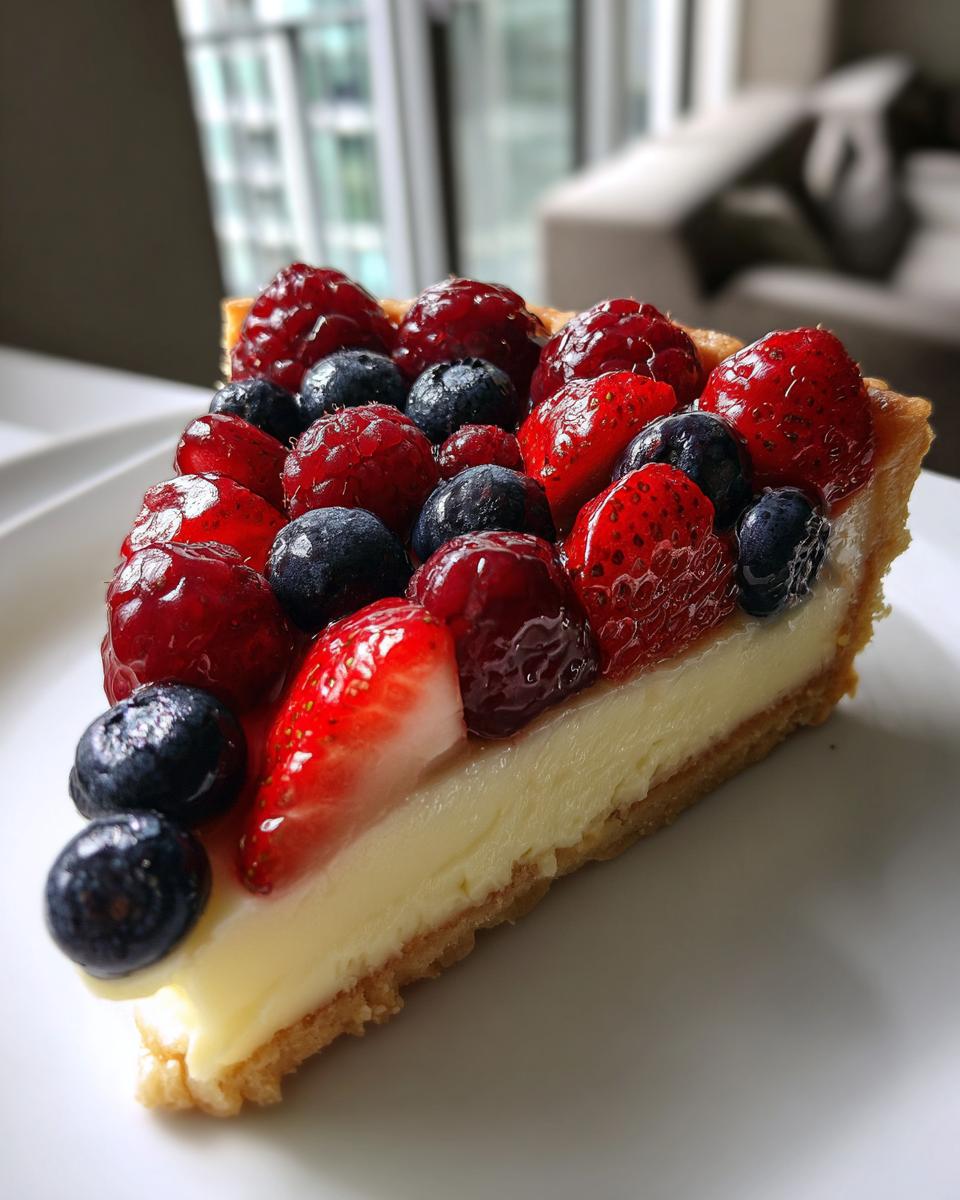 A close-up slice of a fresh fruit tart featuring a creamy filling and topped with glossy strawberries, raspberries, and blueberries.