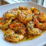 Close-up of juicy shrimp coated in rich garlic butter sauce and fresh parsley, perfect for garlic butter shrimp scampi.