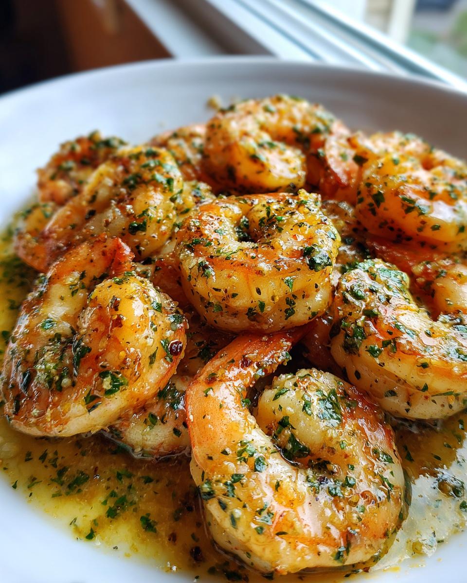 Close-up of plump shrimp coated in rich garlic butter sauce and fresh parsley, showcasing perfect garlic butter shrimp scampi.