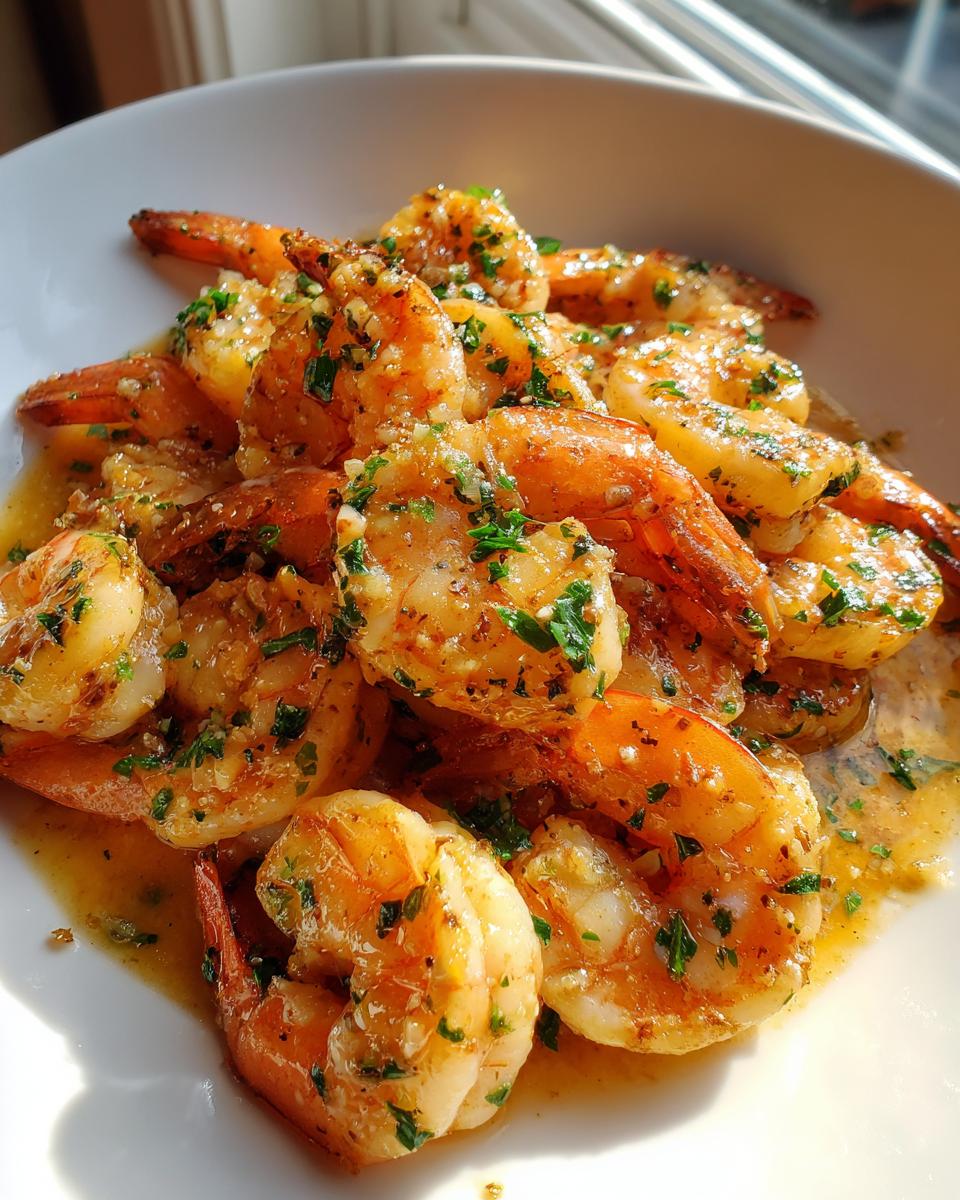 Close-up of plump shrimp coated in rich garlic butter sauce and fresh parsley, perfect for garlic butter shrimp scampi.