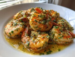 Close-up of succulent shrimp coated in rich garlic butter shrimp scampi sauce with chopped parsley.