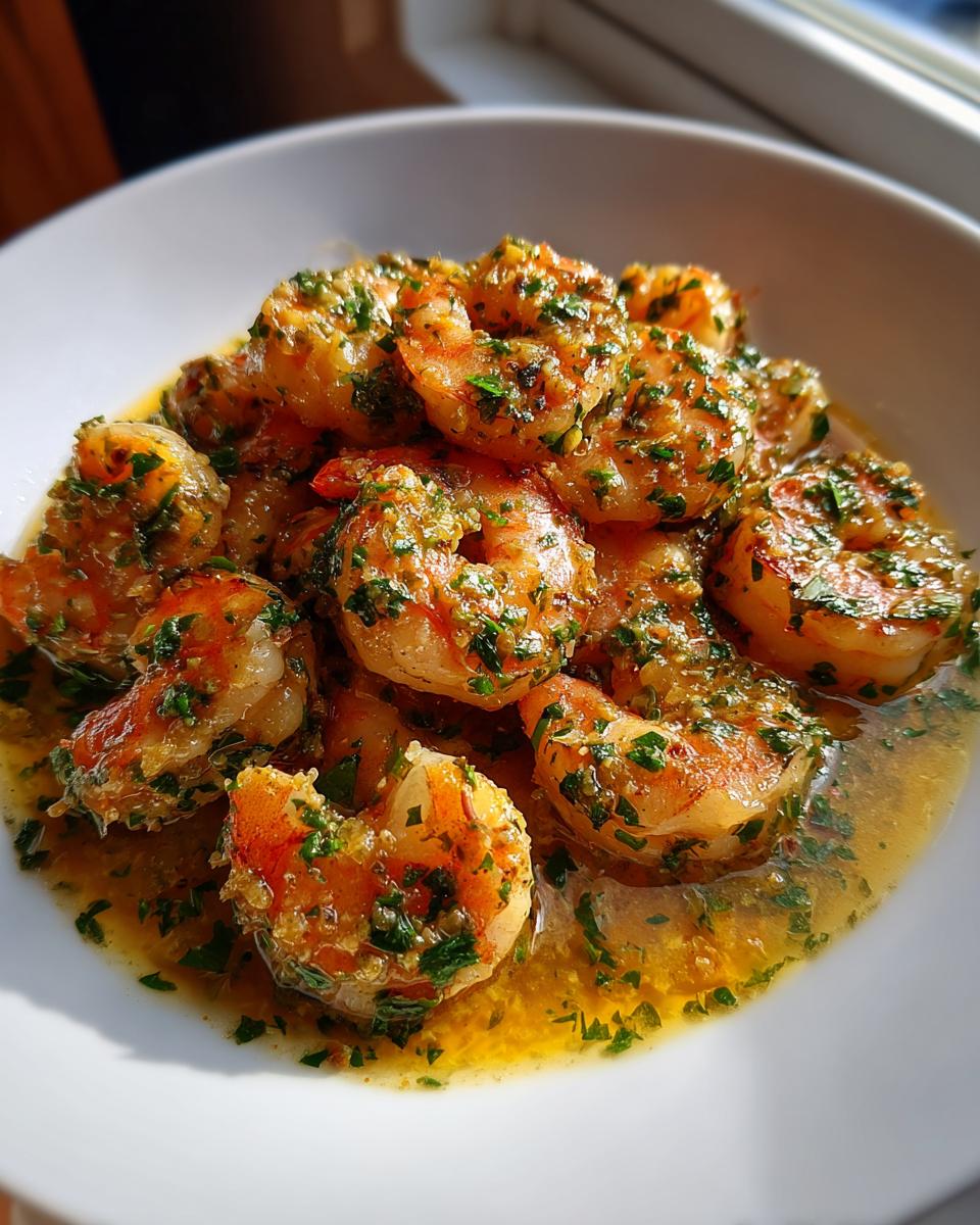 Close-up of succulent shrimp coated in rich garlic butter shrimp scampi sauce and fresh parsley.