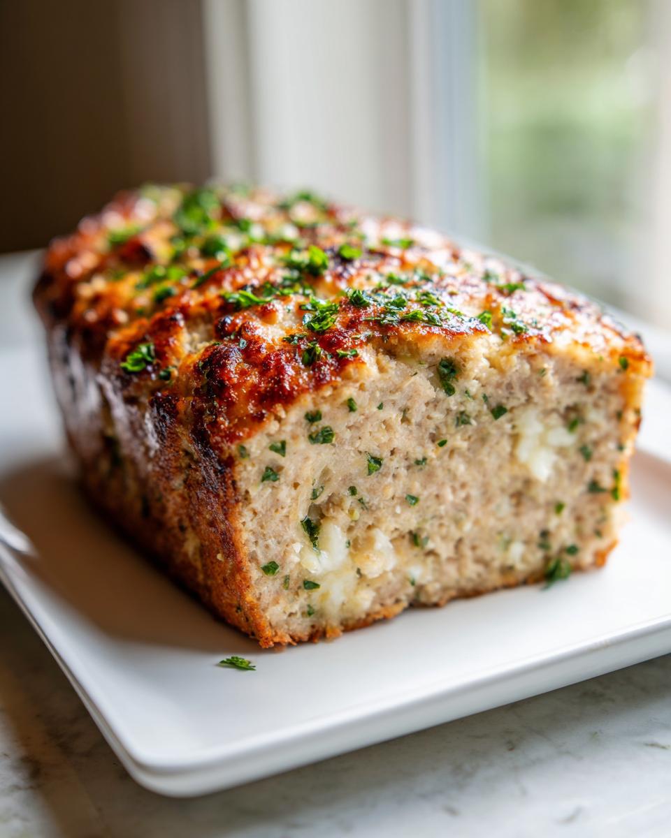 A golden-brown garlic parmesan chicken meatloaf loaf, garnished with fresh parsley, resting on a white platter.
