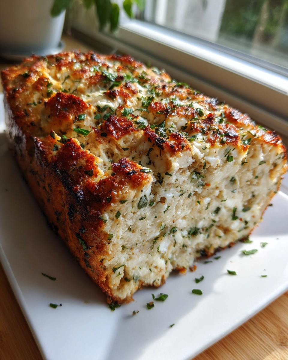 A freshly baked garlic parmesan chicken meatloaf loaf, golden brown and topped with fresh parsley, served on a white plate.