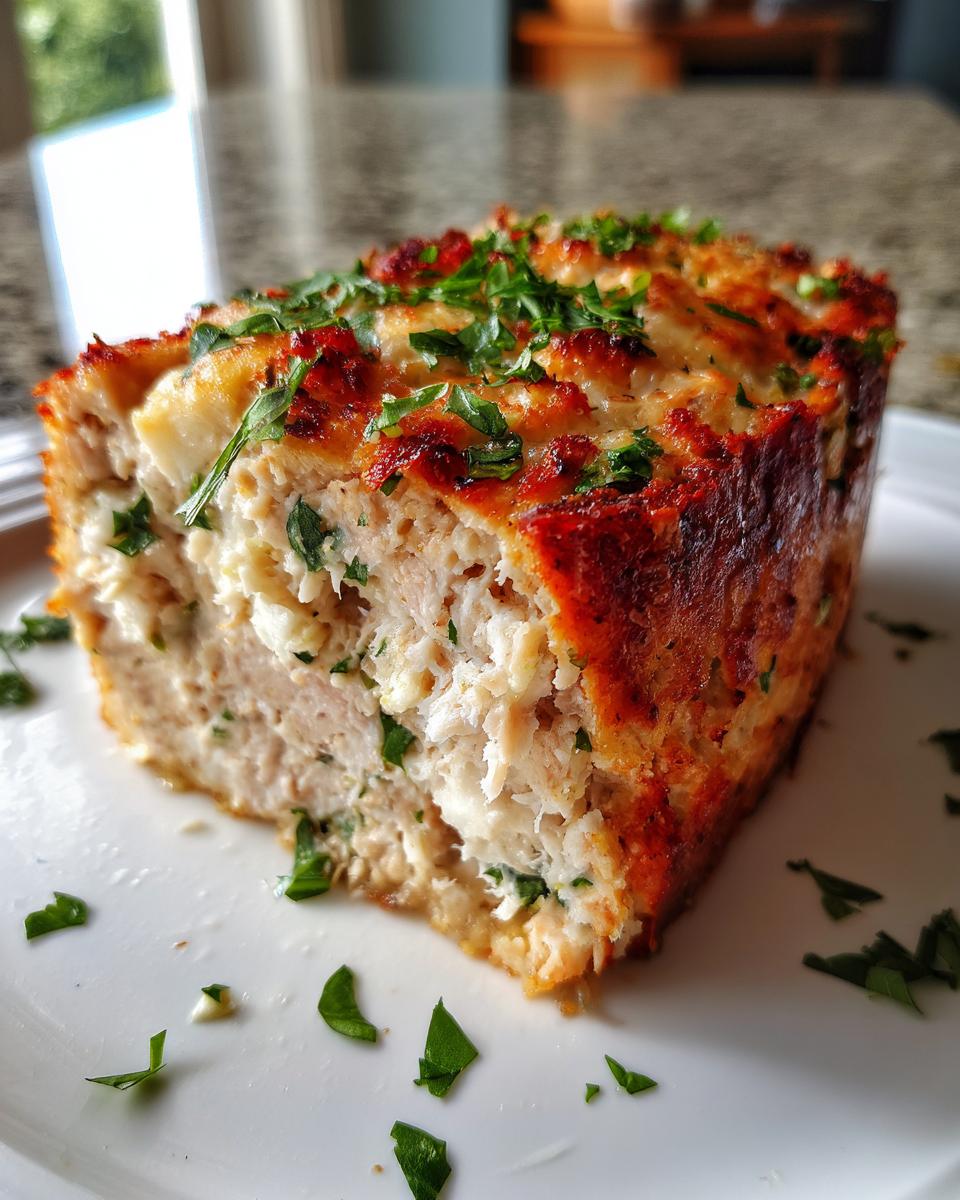 A close-up shot of a thick slice of garlic parmesan chicken meatloaf, showing the moist interior and browned, cheesy top garnished with fresh parsley.