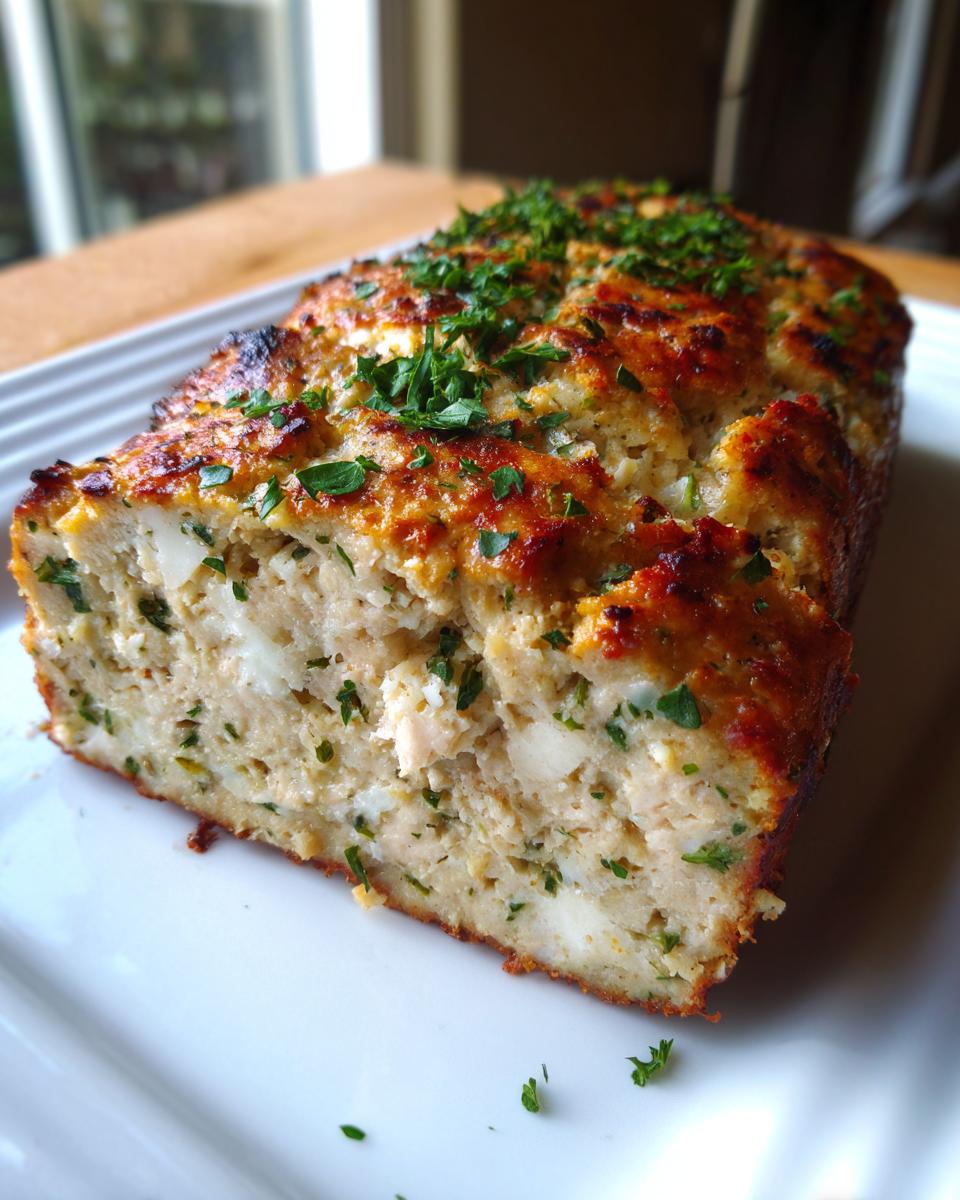 A close-up of a freshly baked garlic parmesan chicken meatloaf, sliced and garnished with fresh parsley.