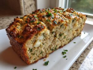 A close-up of a freshly baked slice of garlic parmesan chicken meatloaf, topped with browned cheese and fresh parsley.