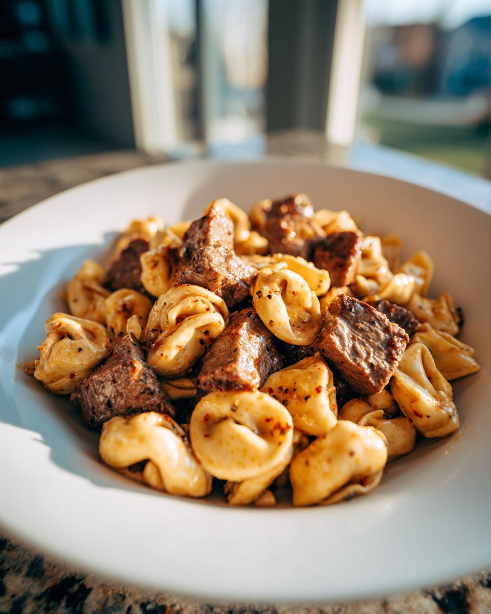 Close-up of a white bowl filled with chunks of seared steak and cheesy tortellini, representing the garlic steak tortellini dish.