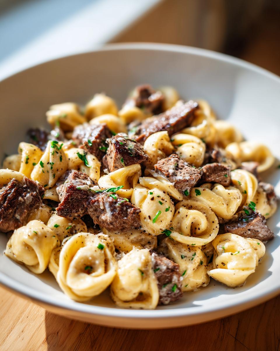 A close-up of creamy garlic steak tortellini garnished with parsley, showcasing chunks of steak mixed with pasta.