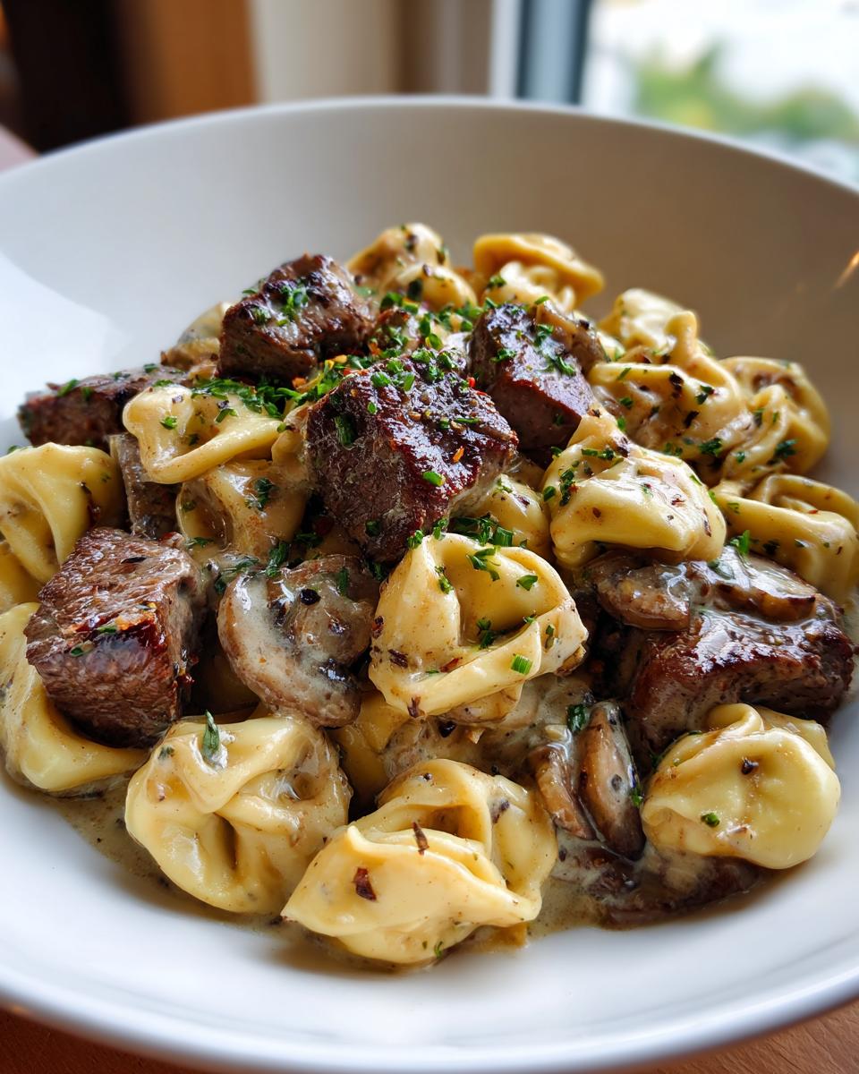 Close-up of a bowl of garlic steak tortellini mixed with mushrooms in a creamy sauce and garnished with fresh herbs.