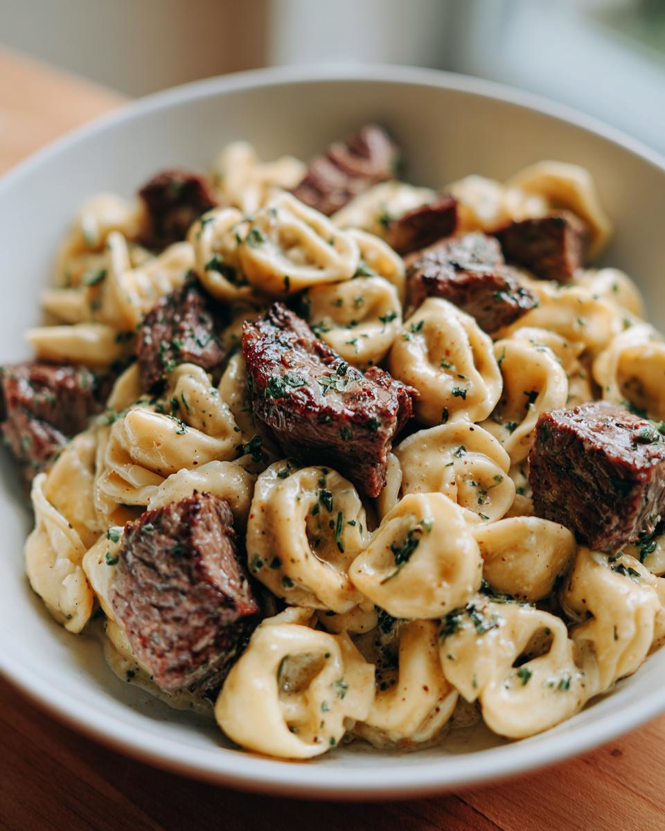 A close-up of creamy garlic steak tortellini topped with chunks of seared steak and fresh parsley.