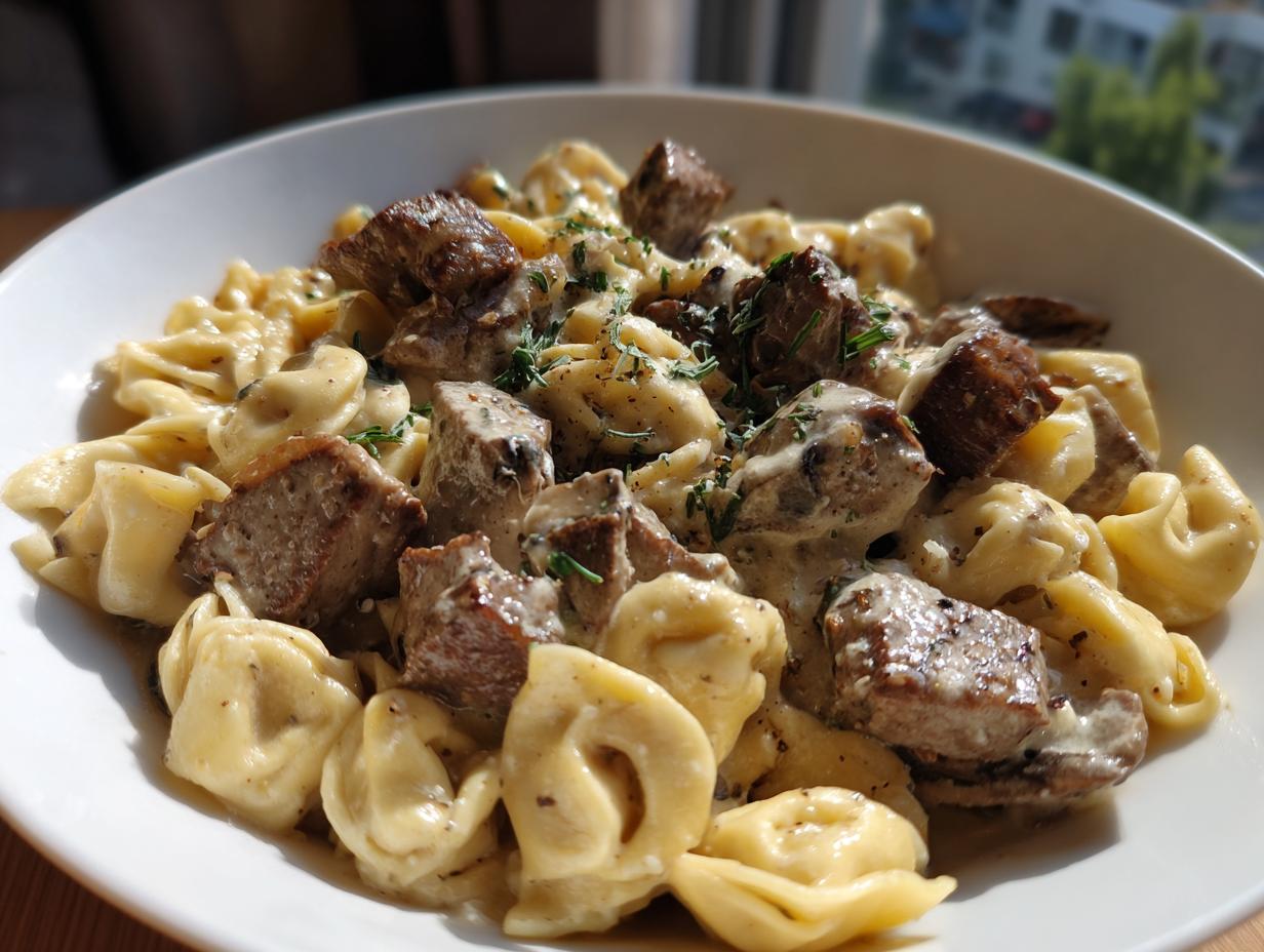 A close-up of a white bowl filled with creamy garlic steak tortellini, topped with fresh herbs.