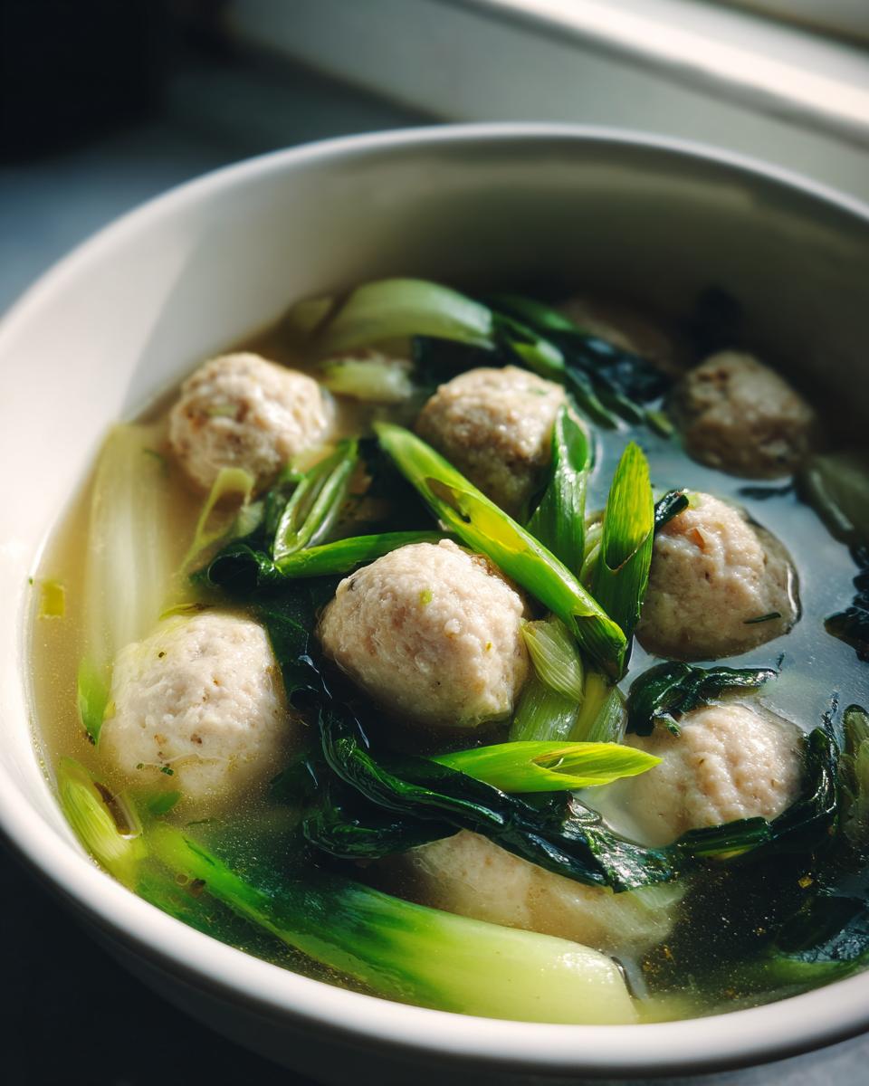 Close-up of a white bowl filled with ginger chicken meatball soup, featuring light-colored meatballs and bright green bok choy and scallions.
