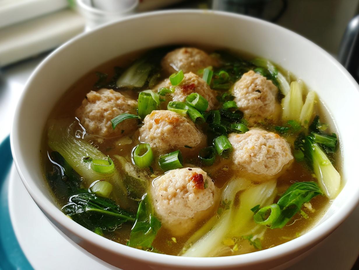 A close-up of a white bowl filled with savory ginger chicken meatball soup, featuring meatballs and bok choy.