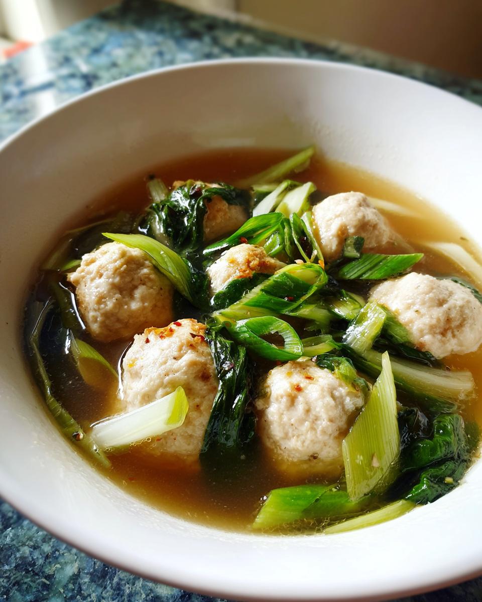 Close-up of a white bowl filled with ginger chicken meatball soup, featuring five large meatballs and vibrant green bok choy.