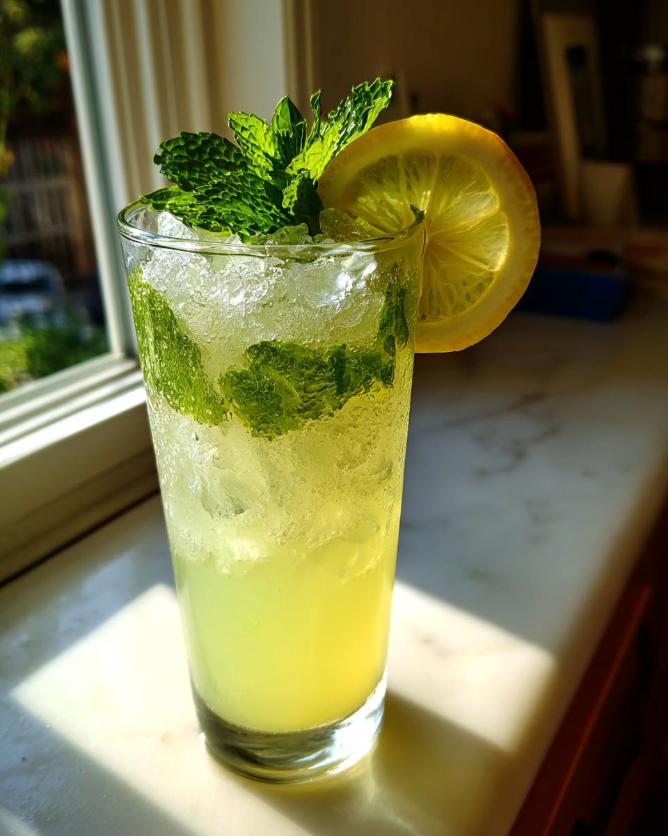A tall glass filled with a bright yellow ginger lemon cooler, crushed ice, mint leaves, and a lemon slice.