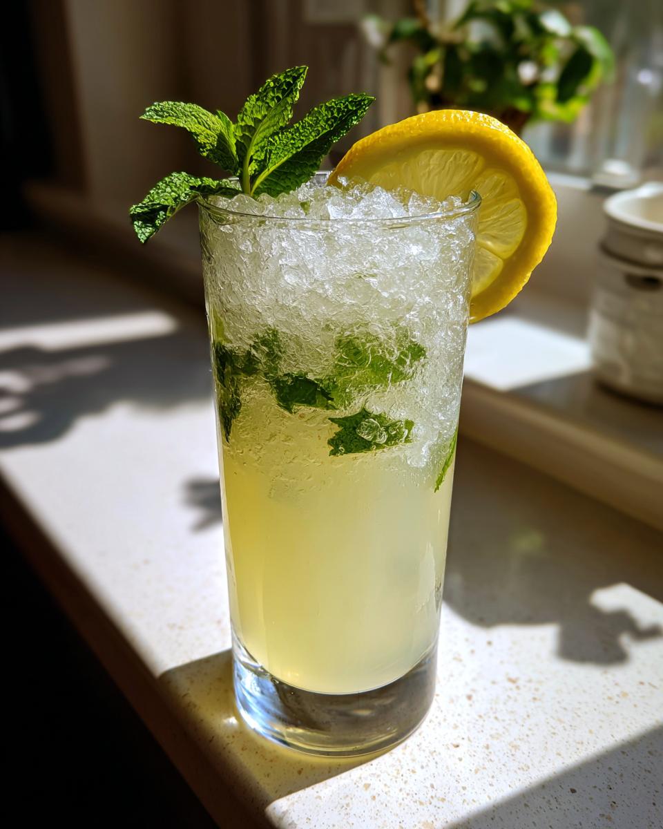 A tall glass filled with a yellow ginger lemon cooler, crushed ice, mint leaves, and a lemon slice garnish.