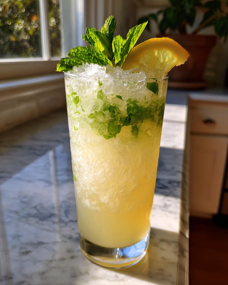 A tall glass filled with a bright yellow ginger lemon cooler, crushed ice, muddled mint, and garnished with fresh mint sprigs and a lemon slice.
