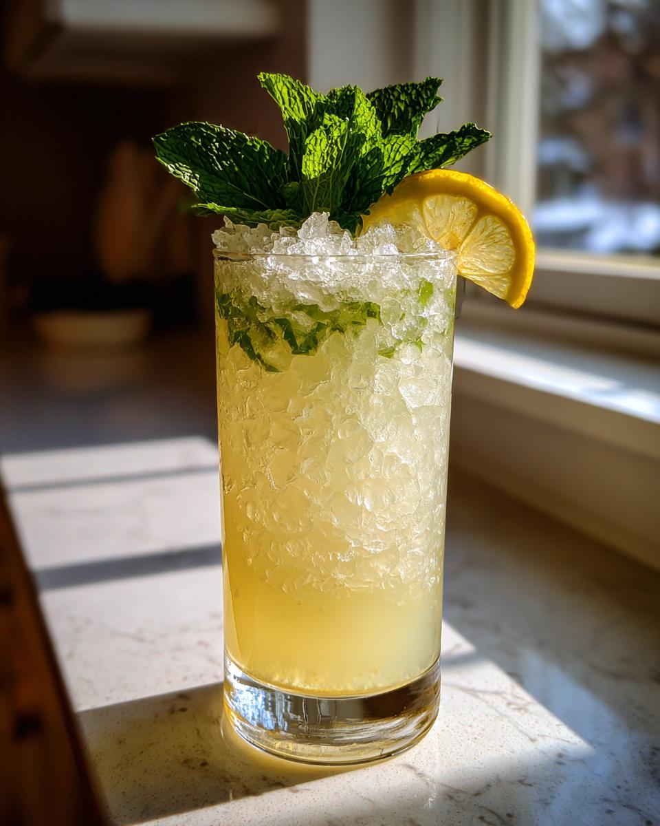 A tall glass filled with crushed ice, a yellow ginger lemon cooler drink, topped with fresh mint and a lemon slice.