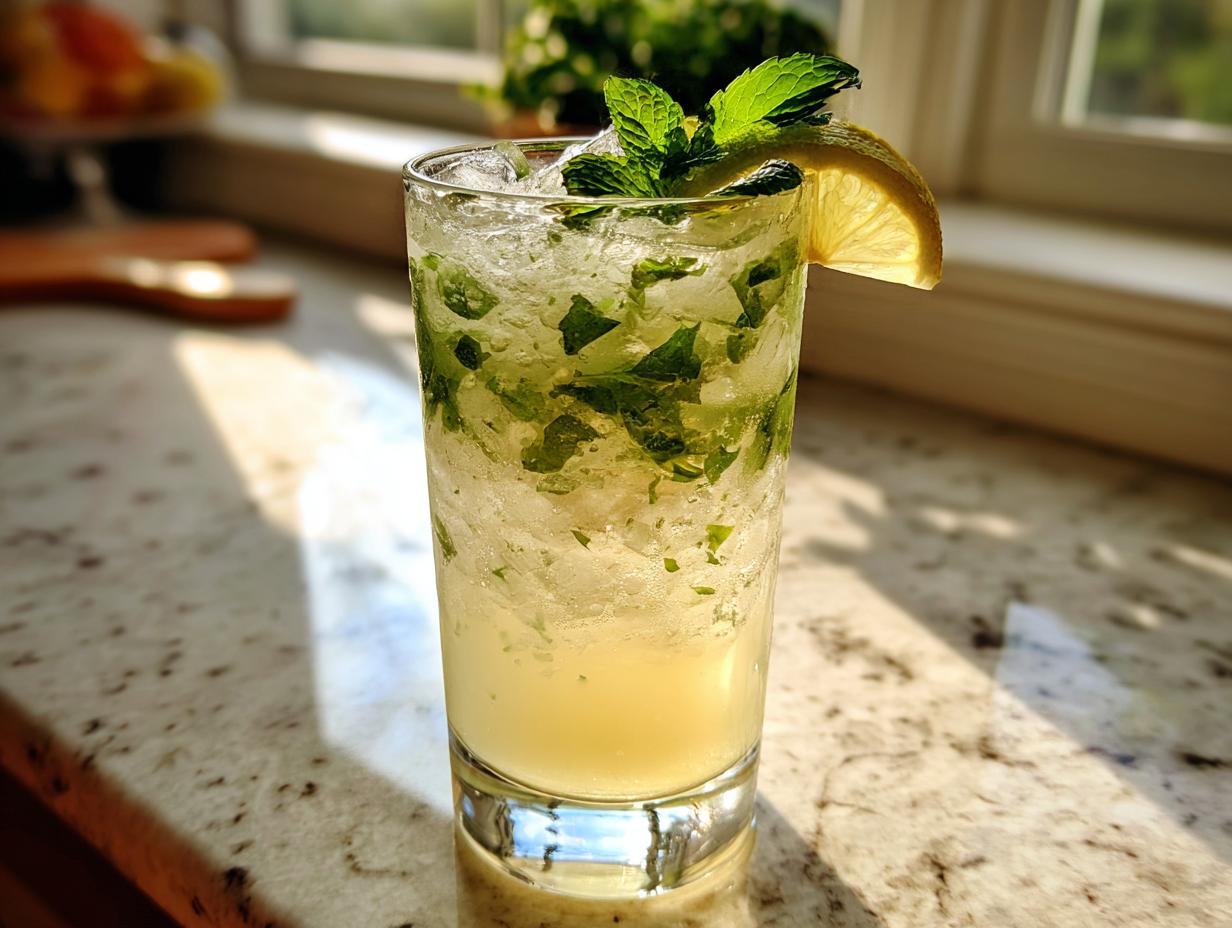 A tall glass filled with a refreshing ginger lemon cooler, crushed ice, mint leaves, and a lemon wedge.