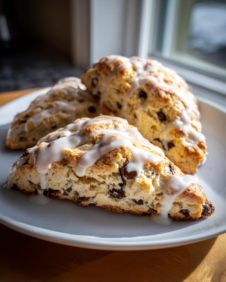 Close-up of three freshly baked chocolate chip scones drizzled with white vanilla glaze on a white plate.