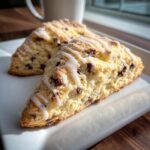 Two triangular chocolate chip scones with white vanilla glaze drizzled on top, sitting on a white plate.