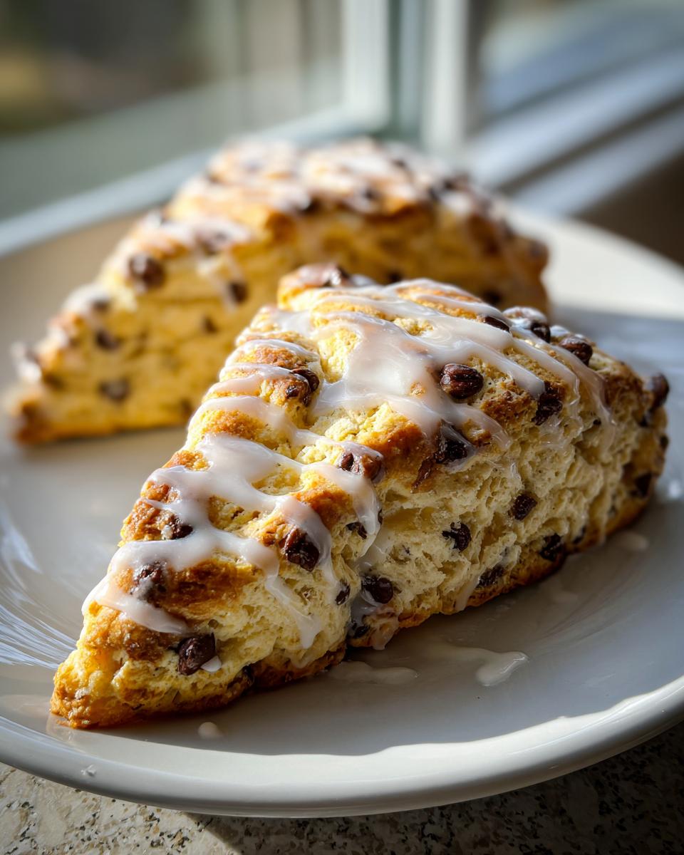 Two triangular chocolate chip scones, one prominently featured with a sweet white glaze drizzle, sitting on a white plate.