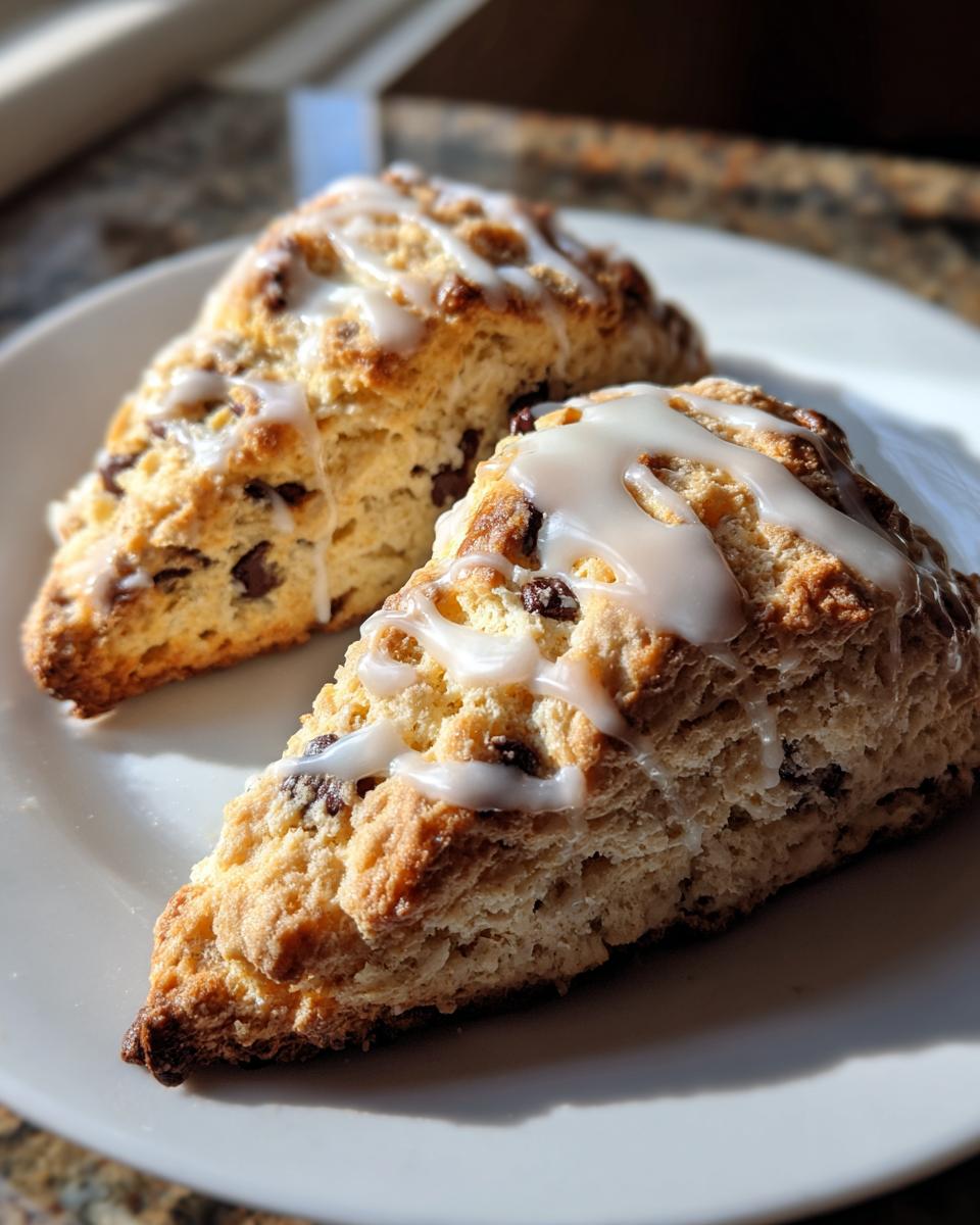 Two freshly baked chocolate chip scones drizzled with white vanilla glaze, resting on a white plate.