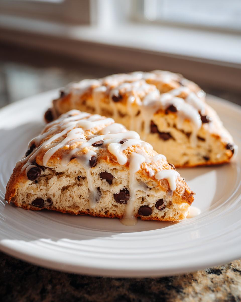 Close-up of a freshly baked chocolate chip scones slice drizzled with white glaze, sitting on a white plate.
