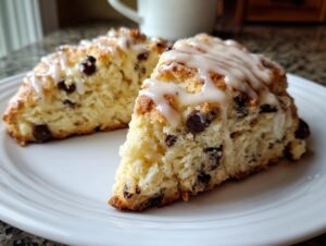 Two triangular slices of fluffy chocolate chip scones drizzled with white vanilla glaze, served on a white plate.