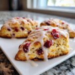 Close-up of a freshly baked cranberry orange scone topped with white citrus glaze and dried cranberries.