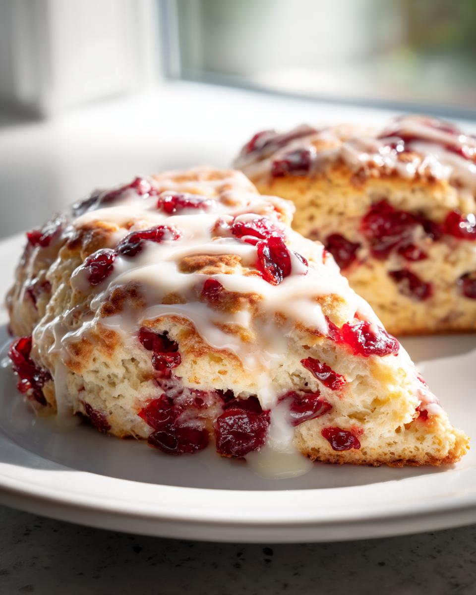 A close-up of a freshly baked cranberry orange scone, drizzled with white glaze and filled with bright red cranberries.