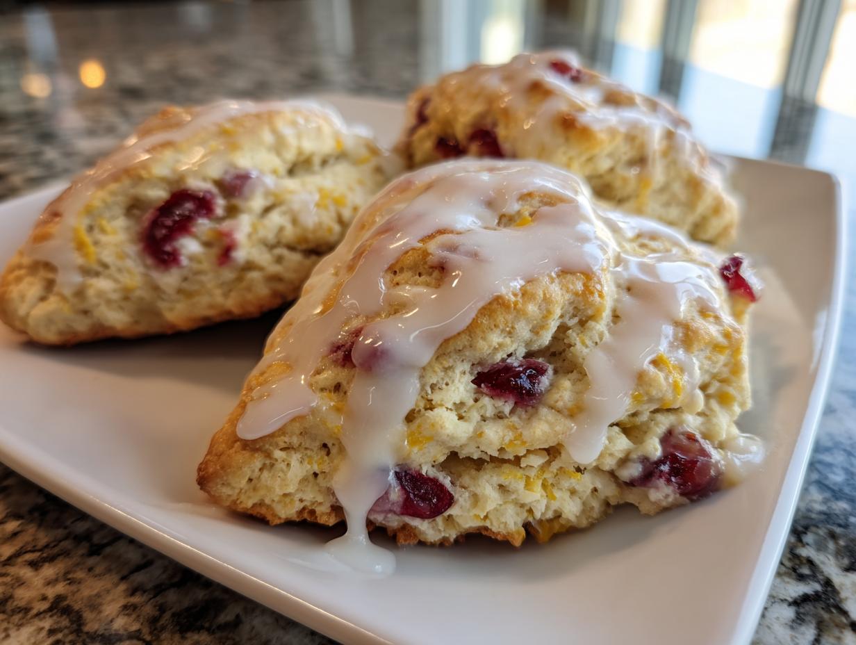 Three freshly baked cranberry orange scones drizzled with a thick white glaze, resting on a white square plate.