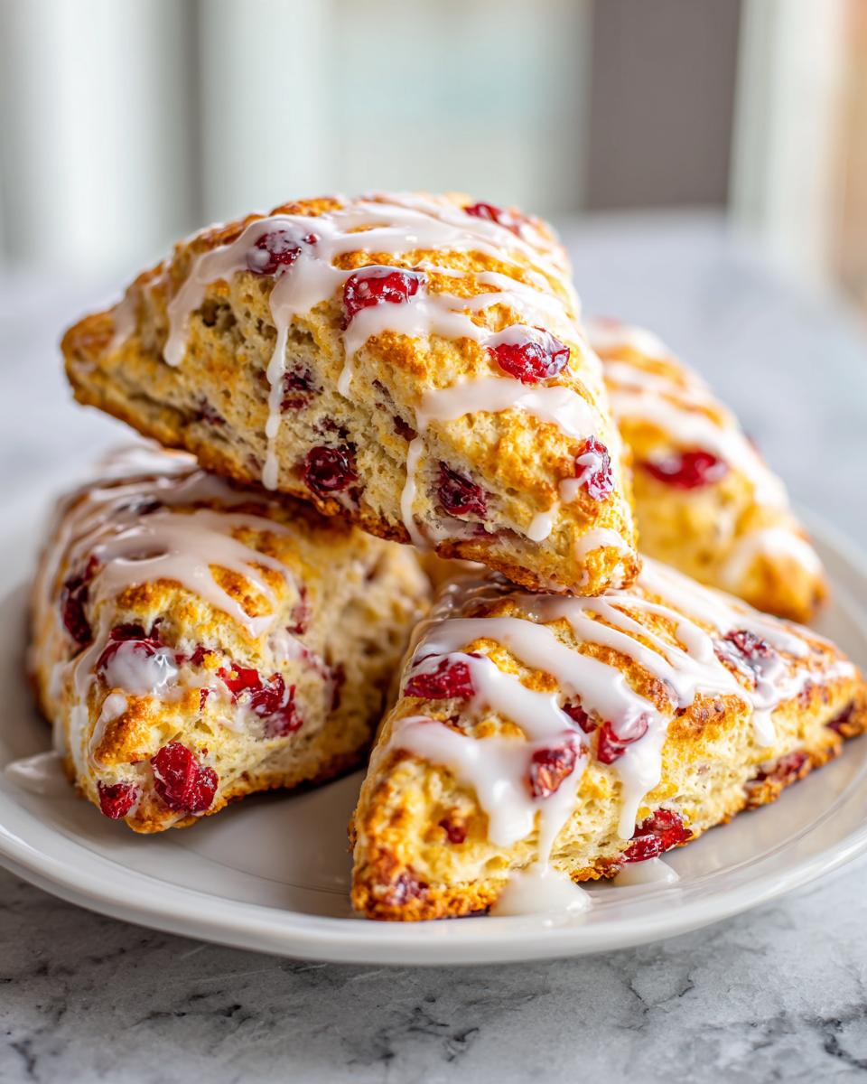 A stack of freshly baked cranberry orange scones drizzled with a thick white glaze.