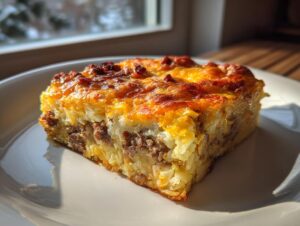 A hearty, square slice of breakfast casserole with hash browns, sausage, and a golden melted cheese topping.