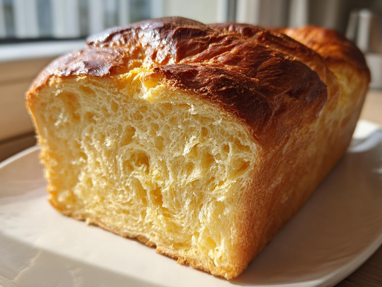 Close-up of a freshly baked loaf of brioche bread, showing its rich yellow crumb and dark golden crust.