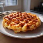 A single, perfectly golden brown cottage cheese waffle resting on a white plate, backlit by sunlight.