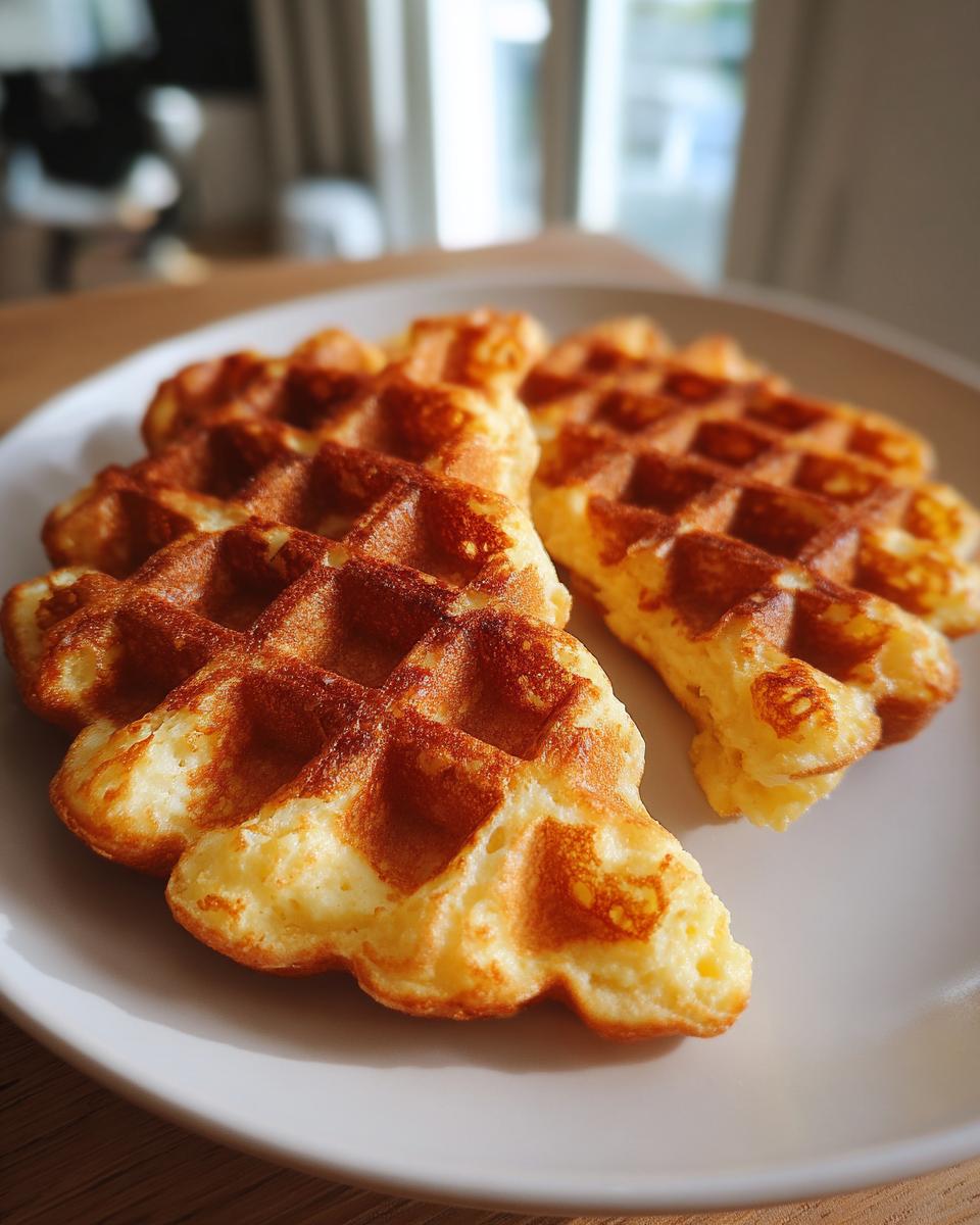 Close-up of several golden brown cottage cheese waffles served on a light plate, ready to eat.