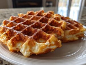 Close-up of two golden brown, fluffy cottage cheese waffles served on a white plate.