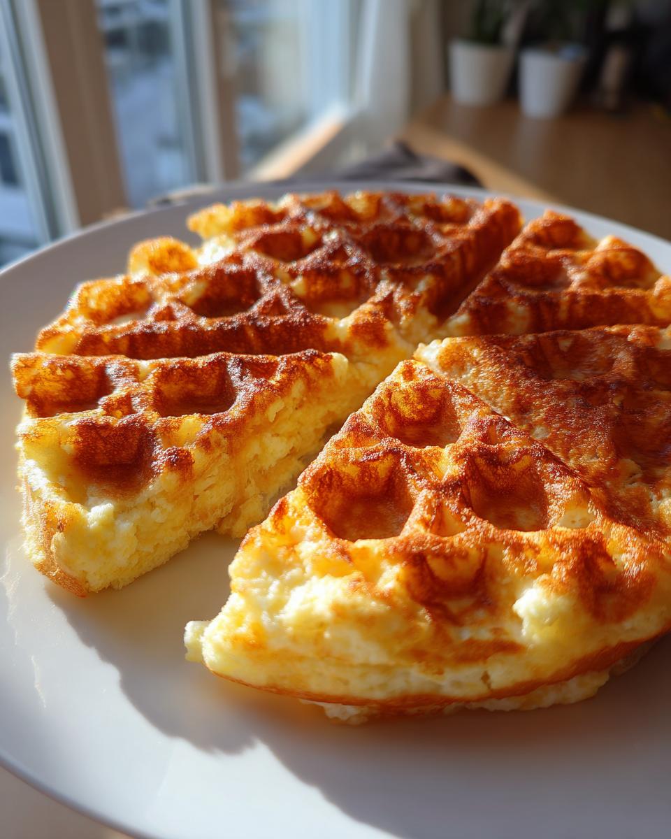 A golden-brown, thick cottage cheese waffle cut into four pieces, served on a white plate near a window.