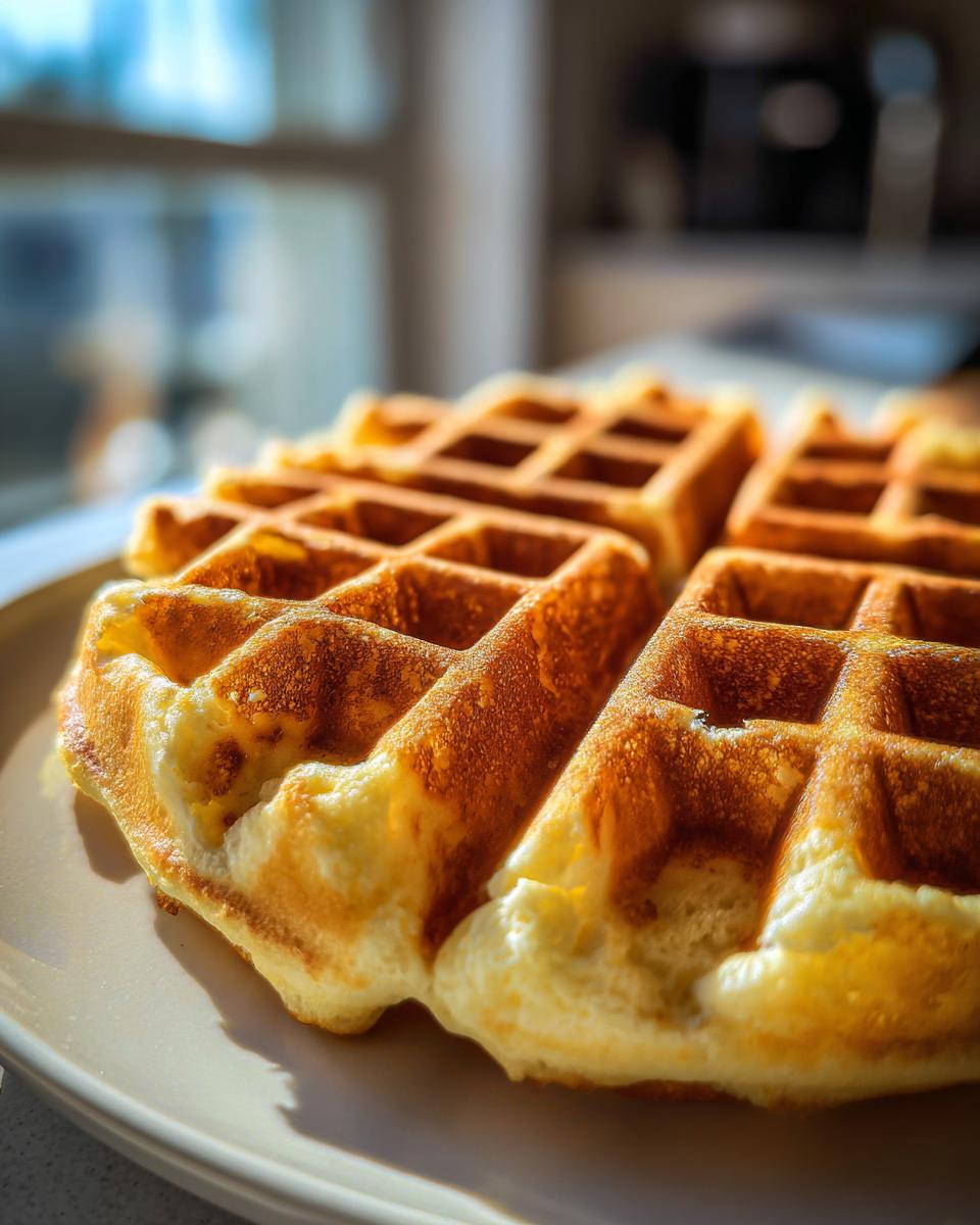 Close-up of golden brown, fluffy cottage cheese waffles served on a light plate near a window.