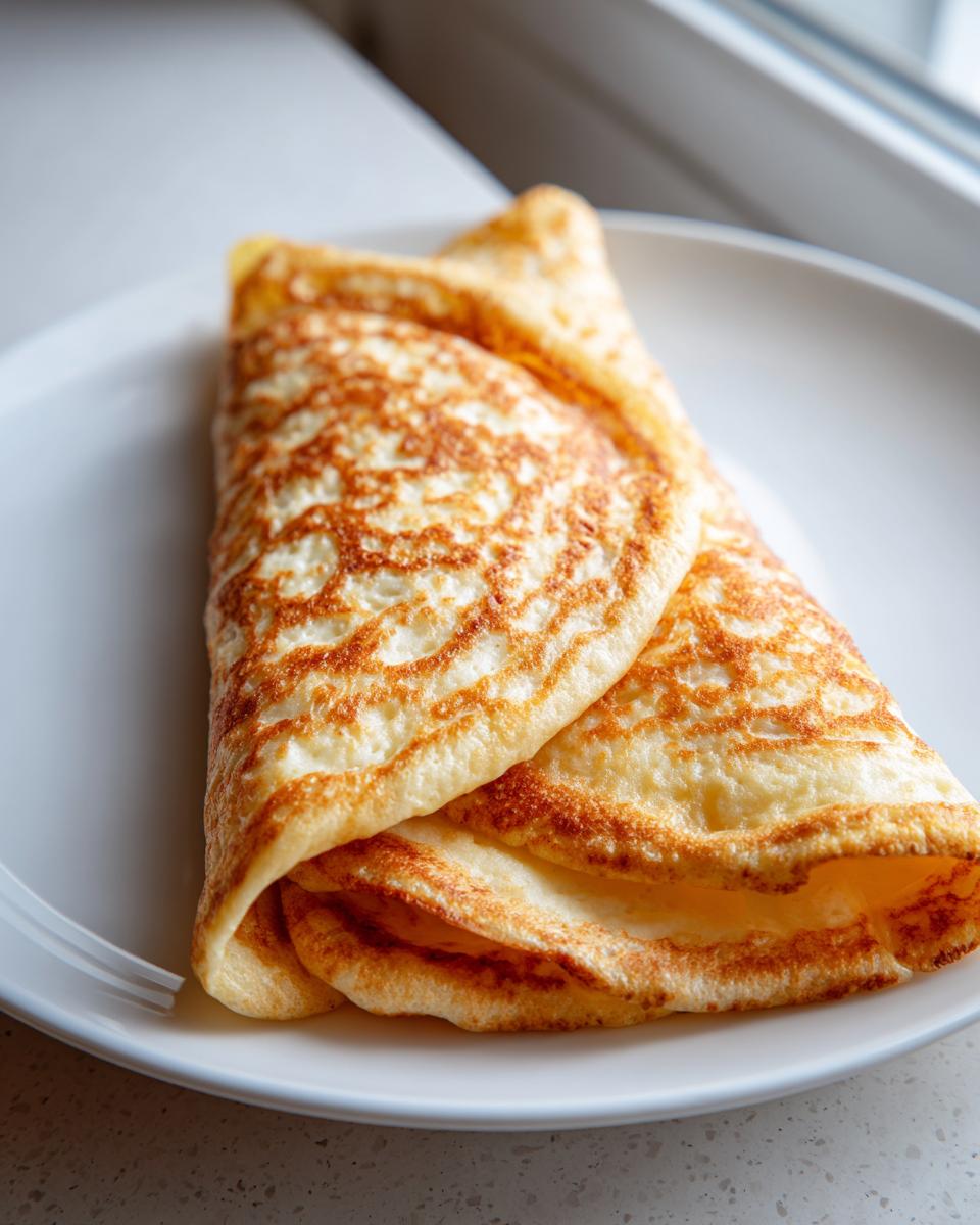 A golden brown, folded cottage cheese wrap with a delicate, lacy texture, served on a white plate.