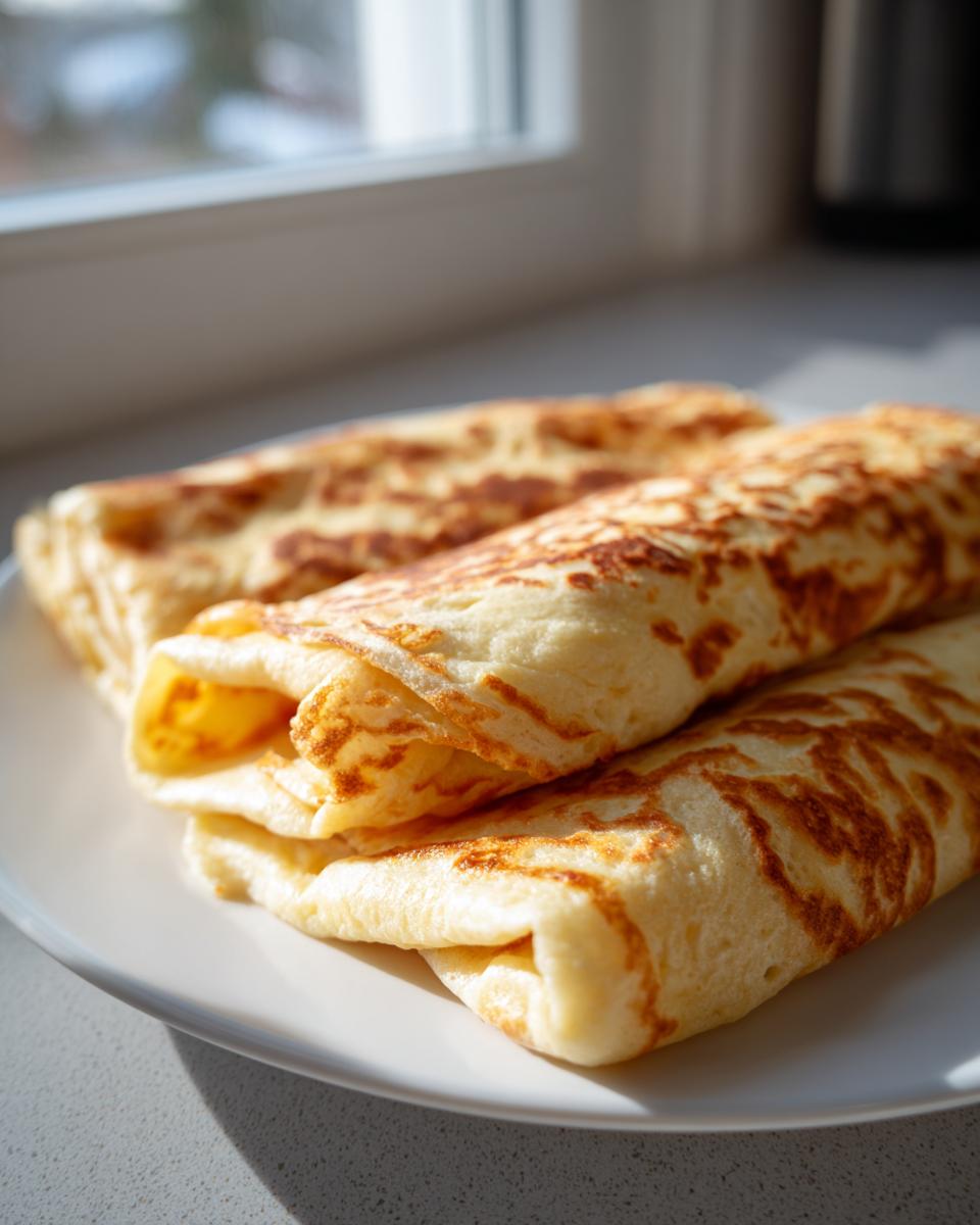Three golden brown, rolled cottage cheese wrap crepes stacked on a white plate near a window.