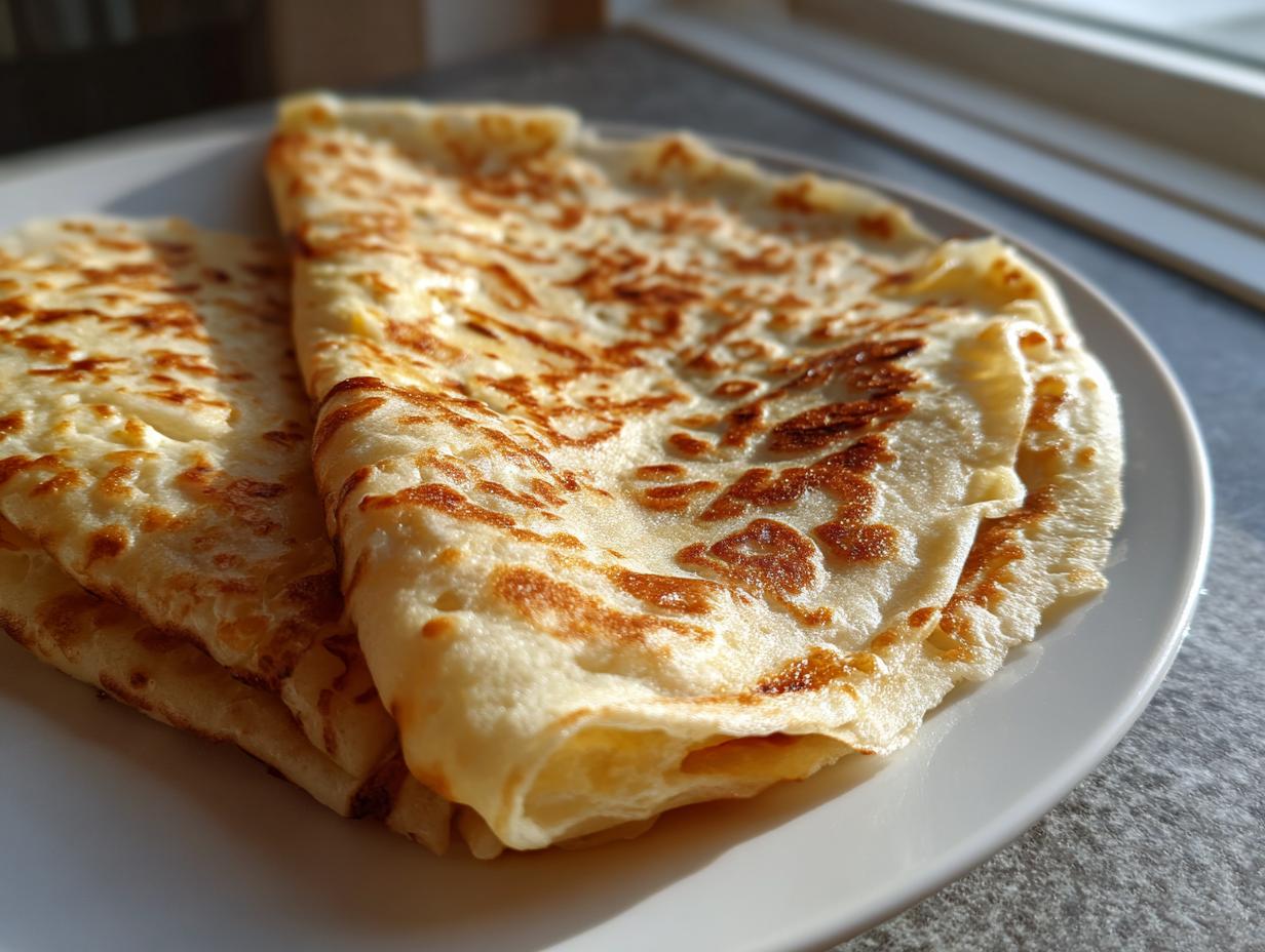 Close-up of folded, golden-brown cottage cheese wrap stacked on a white plate near a window.