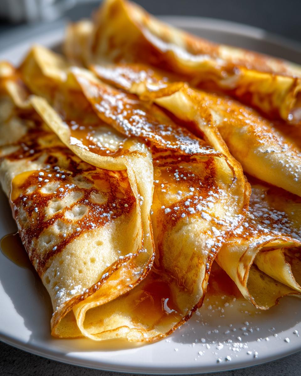 Close-up of folded Crepes Suzette on a white plate, glistening with syrup and dusted with powdered sugar.